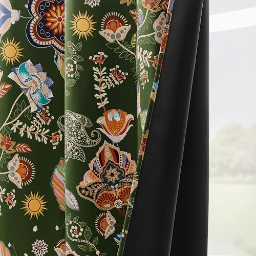 Image of Short Black Out Floral Patterned Curtains 45 Inch Long for Bedroom 2 Panels | 100% Blackout Boho Farmhouse Vintage Cottage Core Decorative Window Treatment for Bathroom Kitchen Small Window Green 52x45