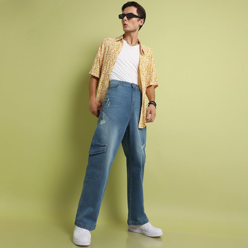 Image of Campus Sutra Men's Light Blue Asymmetrical Stitch Denim Jeans for Everyday Wear | Light-Wash | Button Closure | Regular Fit | Denim Jeans Crafted with Comfort Fit for Everyday Wear (36)