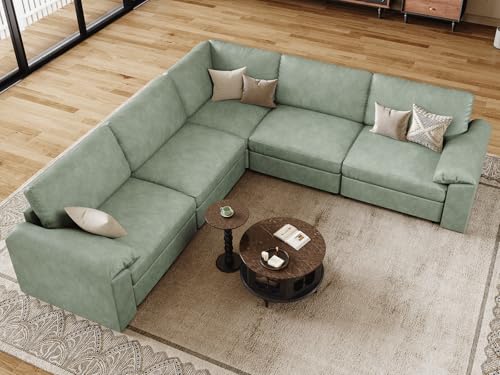 Image of EASE MOOSE Oversized Corner Modular Sectional Sofa, Faux Leather Sectional Sofa with Deep Seat, Vintage Scratch Resistant Faux Leather Material, Extra Large L Shaped Couch,Green