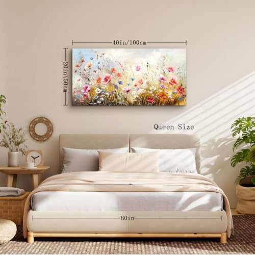 crmotu Floral Botanical Wall Art, Blooming Wildflowers Large Artwork, Flower Market Canvas Art Prints, Meadow Plant Nature Wall Decor, Rustic Wall Paintings for Living Room Bedroom Farmhouse 20"X40"