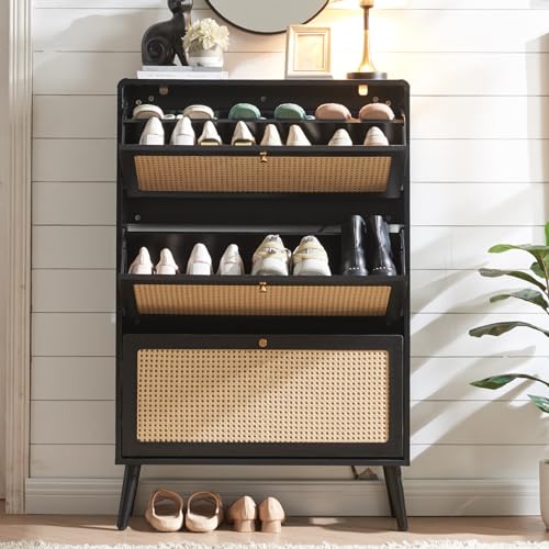 Anewome Rattan Shoe Cabinet with 3 Flip Drawers, 24 Pairs Shoe Storage Cabinet for Entryway Freestanding Hidden Shoe Rack with Drawers Slim Shoe Organizer for Hallway, Living Room, Black