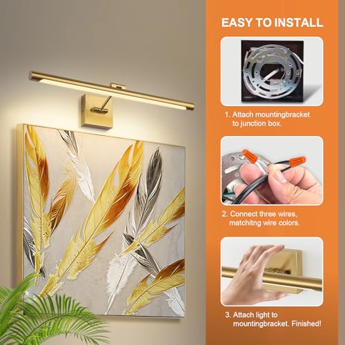 Image of LED Picture Light Fixtures 24.4 Inches, Full Metal Artwork Wall Lamp with Single Swing Arm, 14W (70W Eqv.), Hardwired Connection, Dimmable, 3000K Warm White, CRI95+, Golden-Like Brass Finish