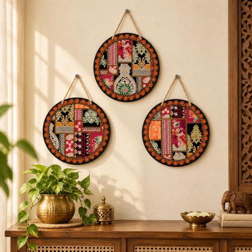Sketchfab Ethnic Patchwork Round Wooden Wall Hanging, 12 Inch Laser Cut MDF Plate on Golden Rope, Traditional Indian Paisley Wall Decor for Living Room, Entrance and Pooja Corner, Griha Pravesh Gift