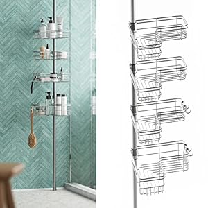 Zenna Home Rust-Resistant Corner Shower Caddy for Bathroom, 4 Adjustable Corner Hugging L-shaped Shelves, with Tension Pole, for Bath and Shower Storage, 60-97 Inch, Satin Nickel