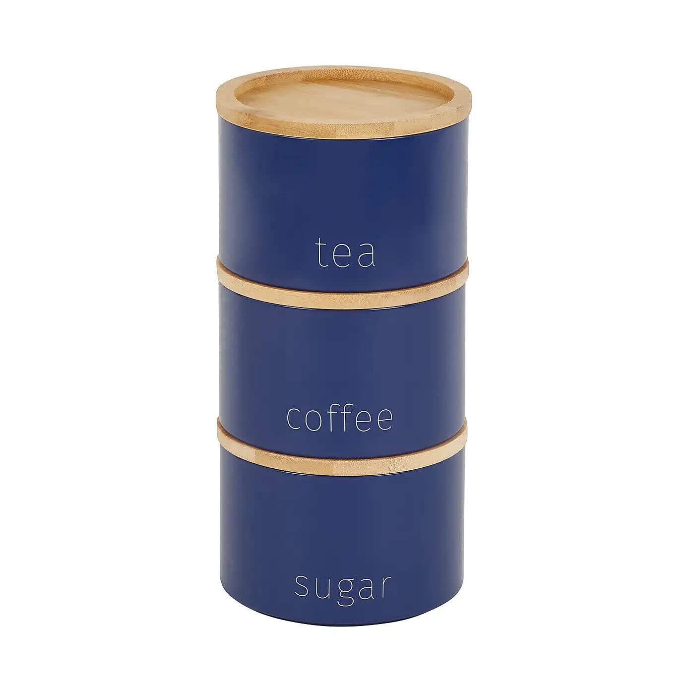 Bloomingtons Direct Navy Stacking Metal Canisters Tea Coffee And Sugar Space Saving Stackable Canisters With Wooden Lids (Navy)