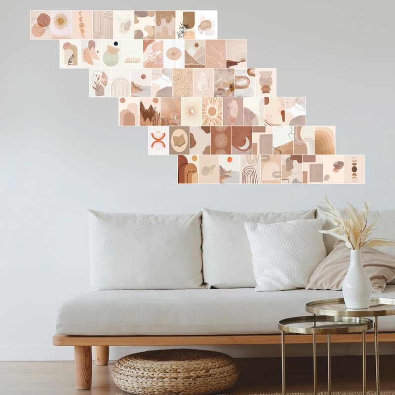 Image of POSTERONN Boho Wall Collage Kit 54 Premium 4x6 Peach Beige Posters Aesthetic Bohemian Wall Decor for Bedroom Dorm Office Thick Cardstock Photo Cards with Glue Dots Easy Setup Modern Decoration
