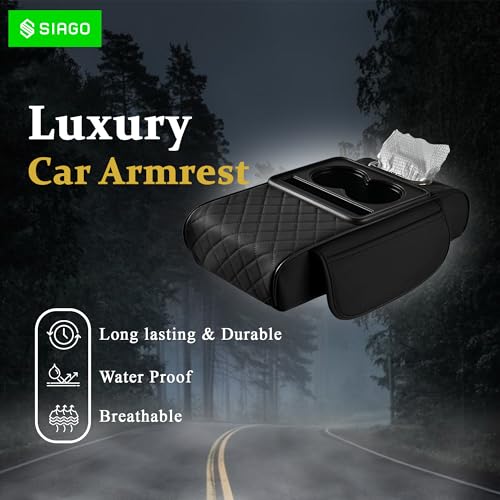 Image of SIAGO SIA399 Premium Car Armrest Cover | 5-in-1 Center Console Organizer with Cup Holder, Phone Slot, & Storage Bags | Anti-Slip PU Leather Cushion for Sedans & SUVs (Black)