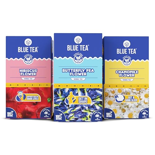 Image of BLUE TEA - Assorted Herbal Tea - (Butterfly Pea, Hibiscus, Chamomile) - 25 Tea Bags (Pack of 3) Plant Based | MANAGE WEIGHT | HELPS IN BLOOD SUGAR & SLEEP |Single Tear Tea Box | Easy Pull Sachets