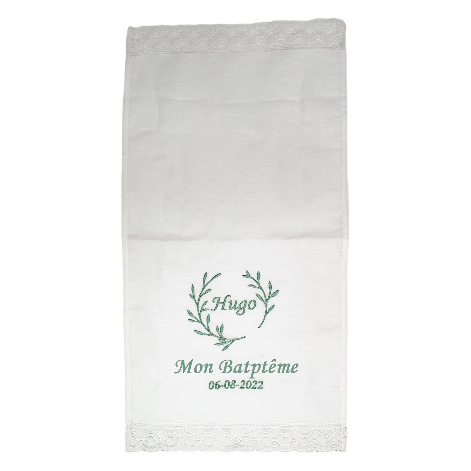 Lange de baptême personnalisée - Carré de baptême brodé - Mouchoir de baptême avec le Nom et la Date - Modèle Petites Feuilles - Nenel (Mint)