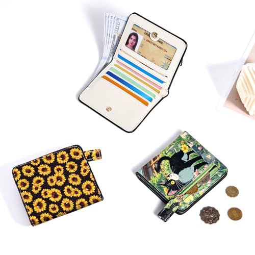 Image of Toughergun Sunflower Floral RFID Small Wallet Women, Slim Thin Vegan Leather Bifold Wallet with Zipper Coin Pocket & ID Window, Cute Mini Credit Card Holder Gift for Women Ladies Teen Girls