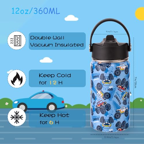 12oz Kids Insulated Water Bottle with Flip Straw & Big Handle, Monster Jam Truck, Double Wall 18/8 Stainless Steel, Leakproof Gift for Kids Boys to School Travel Sports, Hands Wash Only, Blue