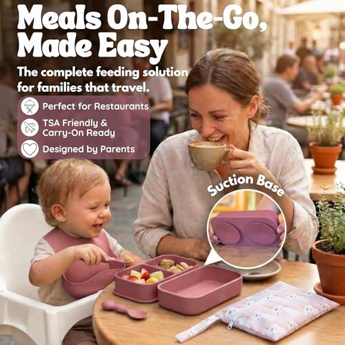 Condition photo showing New/Like New for baby travel feeding set with silicone suction plates, dark pink small