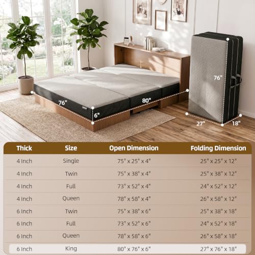 Image of ROXGOX Memory Foam Trifold Mattress, 6 Inch King Foldable Mattress, Portable Floor Bed with Washable Cover, Handle & Non-Slip Bottom, for RV, Travel, Camping, Yoga, 80 inchx76 inchx6 inch