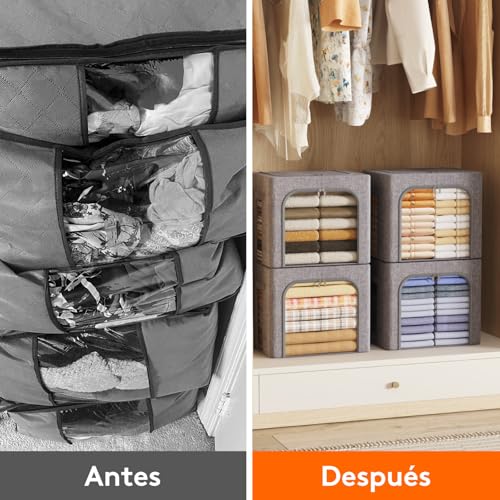 Miniatura 8 de Lifewit 3 Piezas Cajas Almacenaje Ropa Con Marco De Metal, Organizador Armario Apilable, Bolsas Almacenaje Ropa, Bolsas Para Guardar Ropa, Edredones, Colchas, Gris Claro, 40l