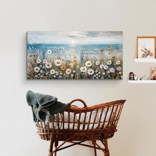 SERIMINO Large Wall Art for Living Room, Coastal Landscape Wall Decor, Beach Daisy Canvas Prints Farmhouse Decor, Wildflowers Bathroom Pictures Home Decor Aesthetic, Dining Room Kitchen Artwork 24"X48"