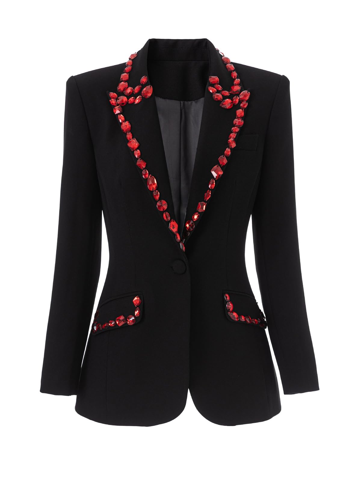 Womens Red Rhinestones Peaked Lapel Single Breasted One Button Long Sleeves Blazer Party Wedding Prom Suit Jacket