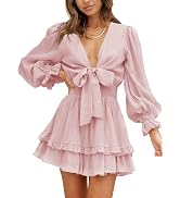 Dokotoo Womens 2024 Summer Deep V Neck Knotted Tiered Chiffon Elegant Mini Short Swing Skater Dre...