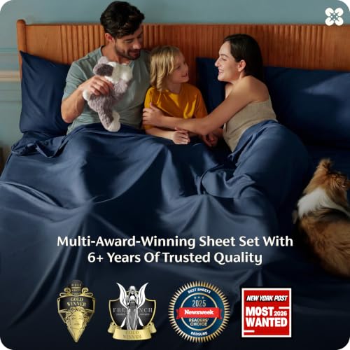 Image of Bedsure Queen Sheet Set, Rayon Derived from Bamboo, Cooling Sheets, PureWoven, Breathable & Soft, Deep Pocket Up to 16 Inches, Hotel Luxury Silky Bedding for Hot Sleepers, Navy
