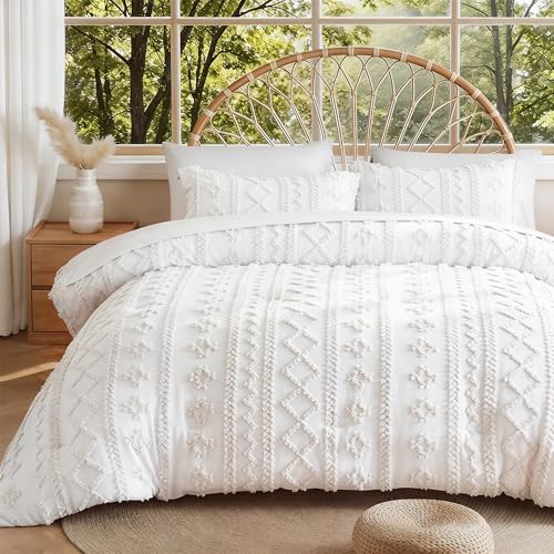 Image of MR&HM Full Size Bed Sheets and Comforter Set White, 7 Pieces Tufted Boho Beddding Sets, Farmhouse Style Bed in a Bag with 1 Comforter, 2 Pillow Shams, 2 Pillowcases, 1 Flat Sheet, 1 Fitted Sheet