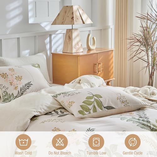 Image of Lekesky Queen Size Reversible Duvet Cover, Duvet Cover Queen Size 3 Piece Green Leaf Microfiber Botanical Bedding Set with Zipper Closure Corner Ties