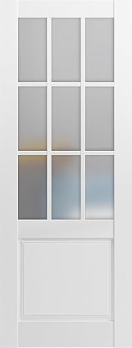 Slab Barn Door Panel Frosted Glass 9 Lites 28 x 80 inches Felicia 3309 Matte White Sturdy Finished Doors Pocket Closet Sliding