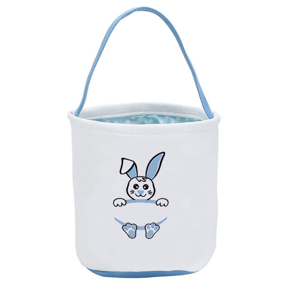 LEMI Easter Bunny Basket Egg Candy Bags Personalised Cute Easter Bunny Baskets Rabbit Print Buckets cotton bag Gifts Bags for Easter (Blue)