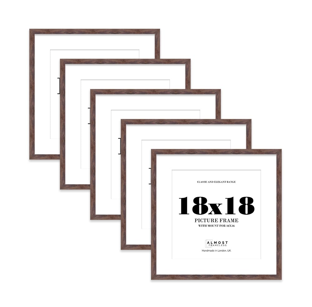 18x18 Walnut Picture Frame with Mount for 16x16 Photos, Prints - Modern Square Wall Frame, Set of 5