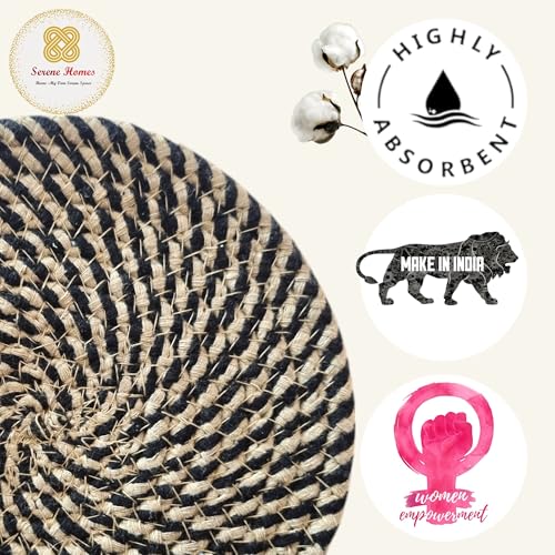 Image of Black Jute Cotton Trivet Set of 3 for Dining Table, Centre Table, Side-Table, and Kitchen Countertop Platform Absorbent, Sturdy. Keep hot Pans, and pots, or planters.(Black, 18 cm)