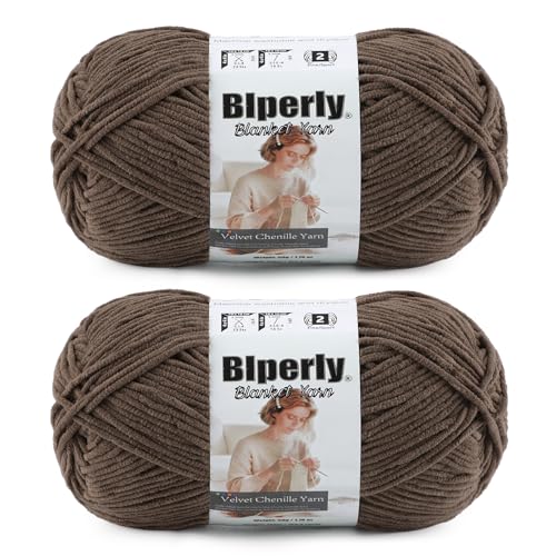Image of Skinny Chenille Yarn for Crocheting, #2 Thin Brown Baby Blanket Plush Yarn | 2 Pack of 158 Yds, 1.7 Oz Sport Fingering Weight Fine Yarn, Soft Fluffy Velvet Yarn for Crochet knitting Blankets, Amigurumi