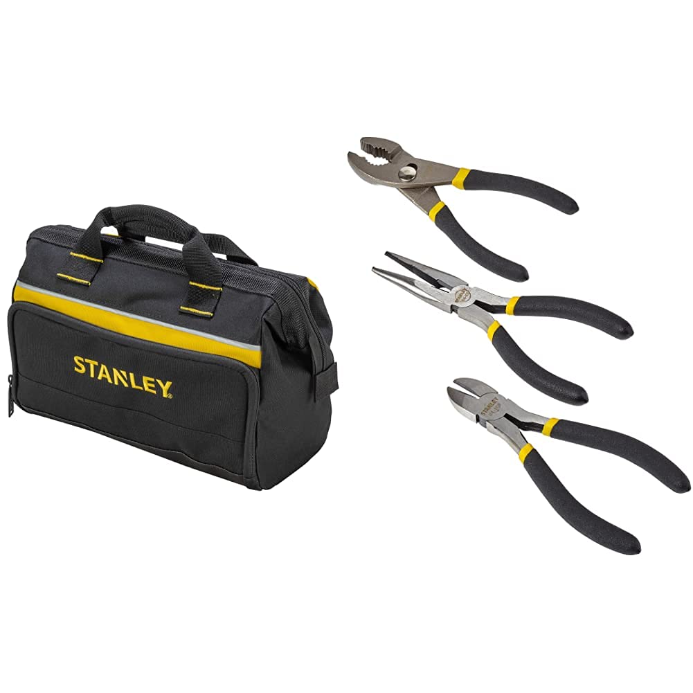 Stanley 1-93-330 Toolbag, 12" & 3 Piece Plier Set, Slip Joint/Long Nose/Diagonal Cutting