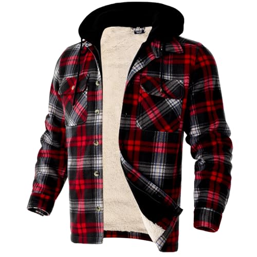 Image of Yasumond Mens Hoodies Fleece Jacket Plaid Flannel Heavy Sherpa Lined Hooded Zip Up Warm Winter Coats Big Tall