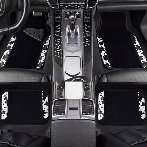 Image of AUTOFAN Cow Print Car Seat Covers Full Set, PU Leather Interior Combo with 2 Front Seat Covers, 4 Floor Mats, Steering Wheel Cover, Seat Belt Pads & Cup Holder Coasters, Universal Fit