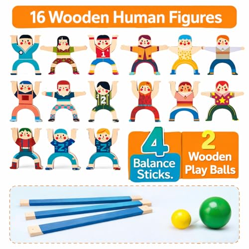 Image of Wooden Human Balancing Toy | 16 PCS | Montessori Stacking Blocks, Balance Tower Game, Brain Development & Fine Motor Skills Indoor Educational Gift Set for Kids 3-5 Years