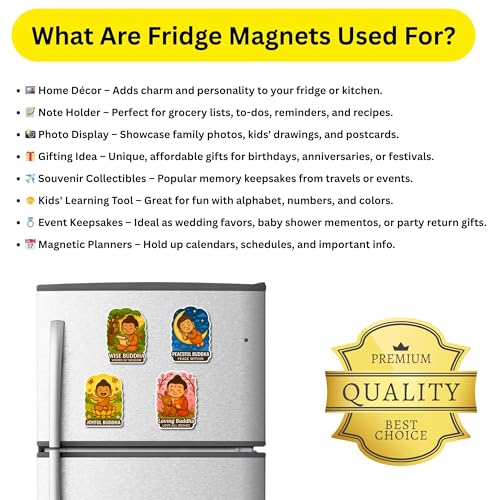 Image of Regalo Casila Buddha Fridge Magnet Set Wise Joyful Peaceful Loving 4 Pc Ideal Gift for Kids Adults Spiritual Seekers Yoga Lovers Teachers