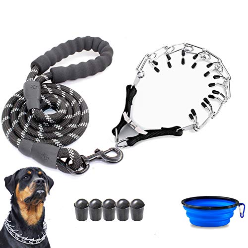 VCZONE Dog Prong Collar, Adjustable Stainless Steel Pinch Collar with Rubber Caps and Dog Leashes for Medium and Large Dogs Training (Black Dog Leashes)