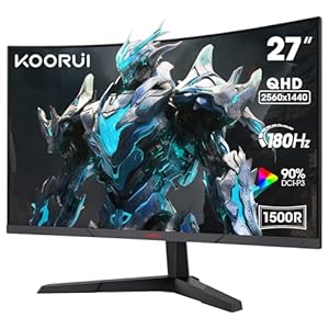 KOORUI 27 inch Curved Gaming Monitor, QHD (2560 x 1440) R1500 180Hz, AdaptiveSync with 1ms Computer Monitor, VESA Compatible, HDR10, 1 x Display Port 1.4 & 2 x HDMI 2.0, Eye Care 27E6QCA
