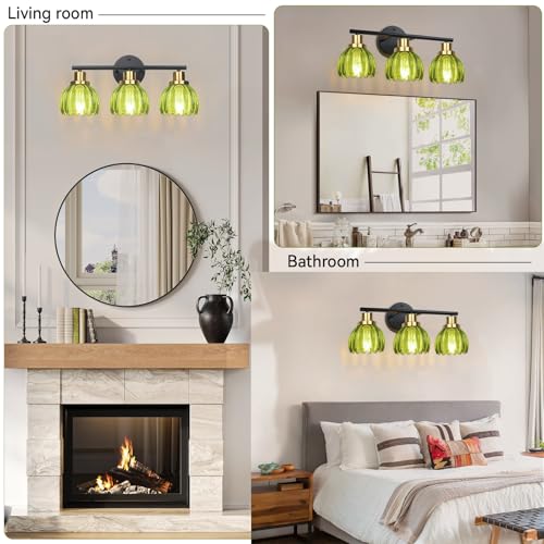 Image of Ldeco 3 Light Bathroom Vanity Light Fixtures Vintage Wall Sconce with Green Glass Shades Brushed Black Wall Mount Light Over Mirror Hallway Cabinet Living Room Decor E26 Base