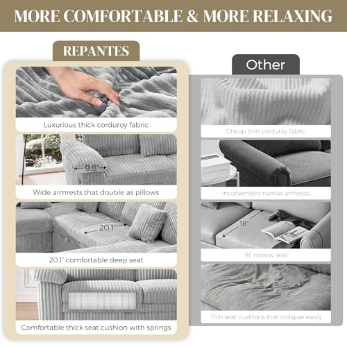 Image of Sectional Sleeper Sofa, Fluffy Soft Corduroy Couch with Pull Out Bed and Storage Chaise, Modern Comfy U Shaped Couch with USB Charger for Living Room, Apartment, Small Spaces, Grey