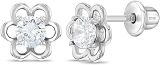 925 Sterling Silver Cubic Zirconia Open Flower Studs for Girls and Toddlers, Floral Earring Set for Young Girls & Pre Teens- Nature Lover CZ Screw Back Earrings - Purple Flower CZ Earrings