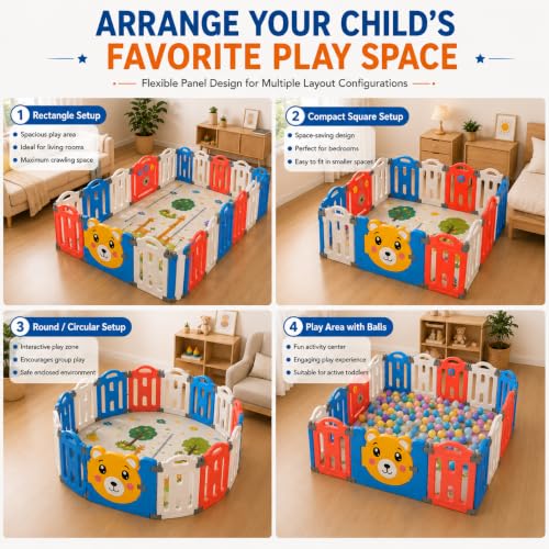 Image of 20 panel Playpen for Babies upto 5 year with Mat and Balls Foldable Baby Play Area Indoor Setup Play Yard Fence for Toddlers Kids Playarea Setup Outdoor Children Play Pen with Gate Baby Playpen (6.2 x 7.5 ft=47 SQFT Multicolor)