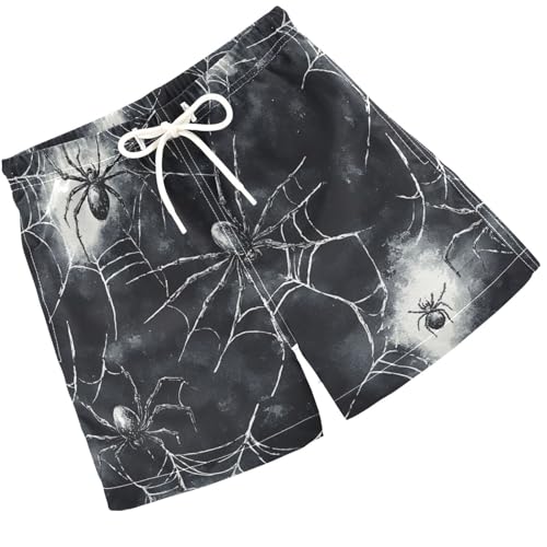 Pigsaly Boys' Swim Board Shorts White Spider Webs Watercolor Black Spiders Boy's Swim Trunks Kids Swimwear 4T