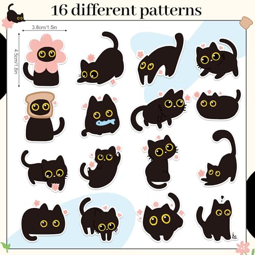 Image of Black Cat Sticker Roll - 1000 Pcs Cute Black Cat Flower Waterproof Vinyl Reusable Laptop Stickers Coloring Book Scrapbook Water Bottle Page Activity Pad Birthday Party Favors Kids Skateboard