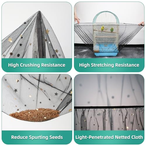 Image of Bird Cage Seed Catcher, Seed Catcher Guard Net Cover, Parrot Nylon Mesh Net Cover, Universal Soft Airy Cage Net Stretchy Skirt for Round Square Cages (Star-Black, 15.7 inch x87 inch)