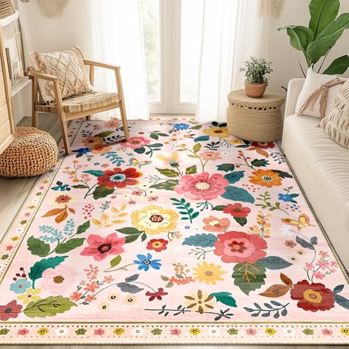 Image of RELEANY Floral 5x7 Area Rug Machine Washable Boho Carpet Non Slip Doormat Low Pile Flower Area Rugs for Living Room Bedroom Kitchen Dining Room Hallway Entryway Indoor-Pink/Beige