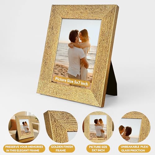 Image of Art Street Table and Wall Photo Frame Textured Picture Frames Picture Frame, Gold Metal Look for 5x7 Photos Tabletop Photos for Home Decor, Wood Photo Frames for Wall and Table Decoration 13x18 cm