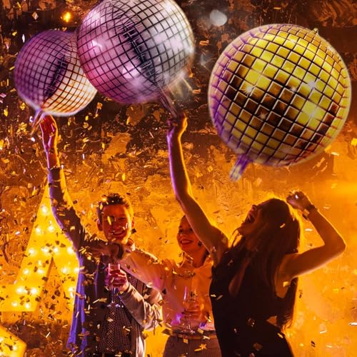 Image of 6Pcs 22Inch Golden Disco Ball Balloons - 4D Large Foil Balloons with Metallic Star for 70s Disco Dance Birthday Party