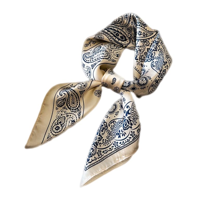 SUNFANI Elegant Paisley Print Silk Neck Scarf, Beige and Navy Blue, Traditional Pattern Design, Square Bandana Style