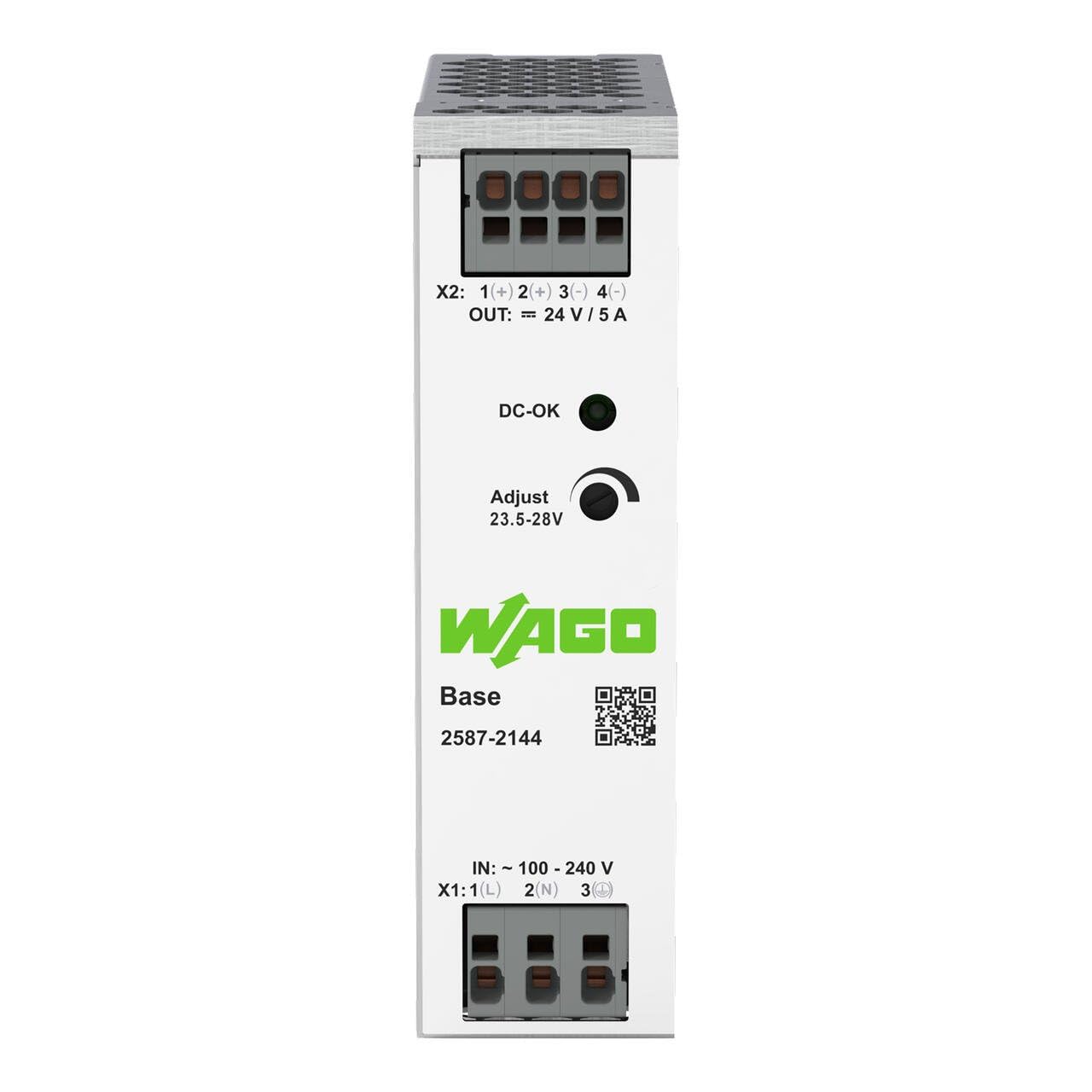 WAGO 2587-2144 – Switched-Mode Power Supply, 1-Phase, 24 VDC, 5 A, DIN Rail Mount, DC-OK LED
