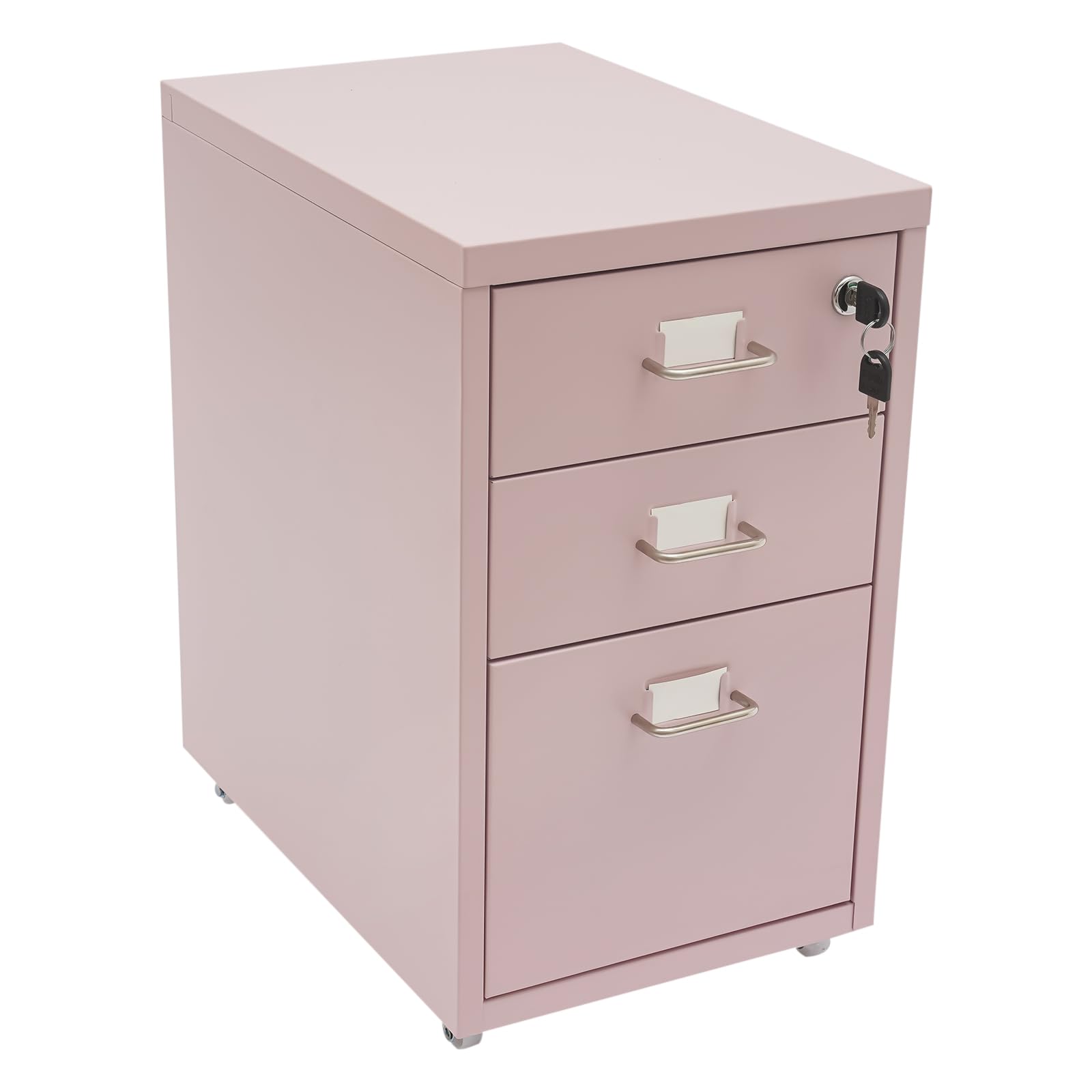 NIENIEE 3 Drawer Rolling Office Cabinet With Lock, Vertical Metal File Cabinet With 4 Wheels, Under Desk Storage Organization (Pink)