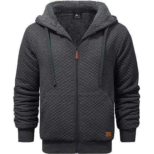 ZITY Men's Zip Up Hoodie Sherpa Lined Heavyweight Jacket Waffle Knit Fleece Thick Winter Warm Sweatshirt Dark Grey Large